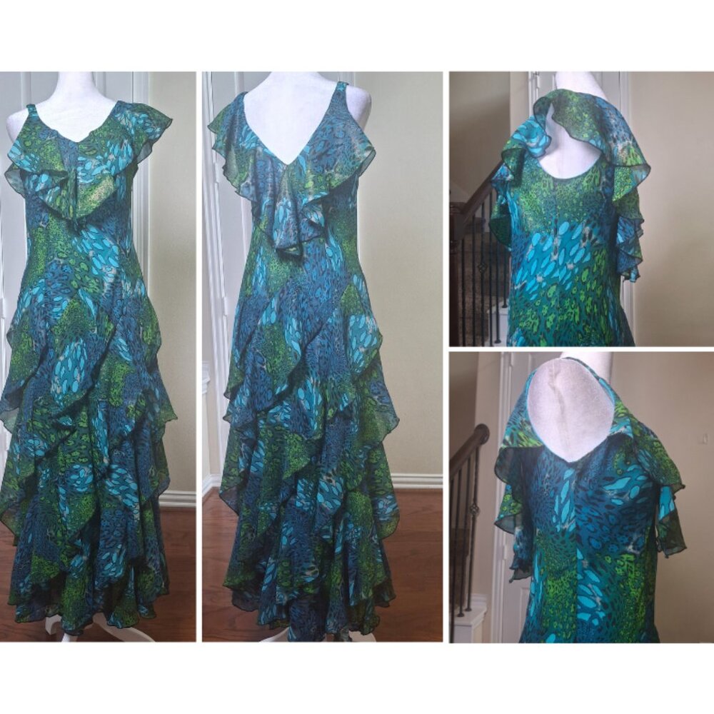 VTG 90s Blue Green Floral Animal Print Fairy Ruffle Midi Dress 6 Y2k Preppy Boho